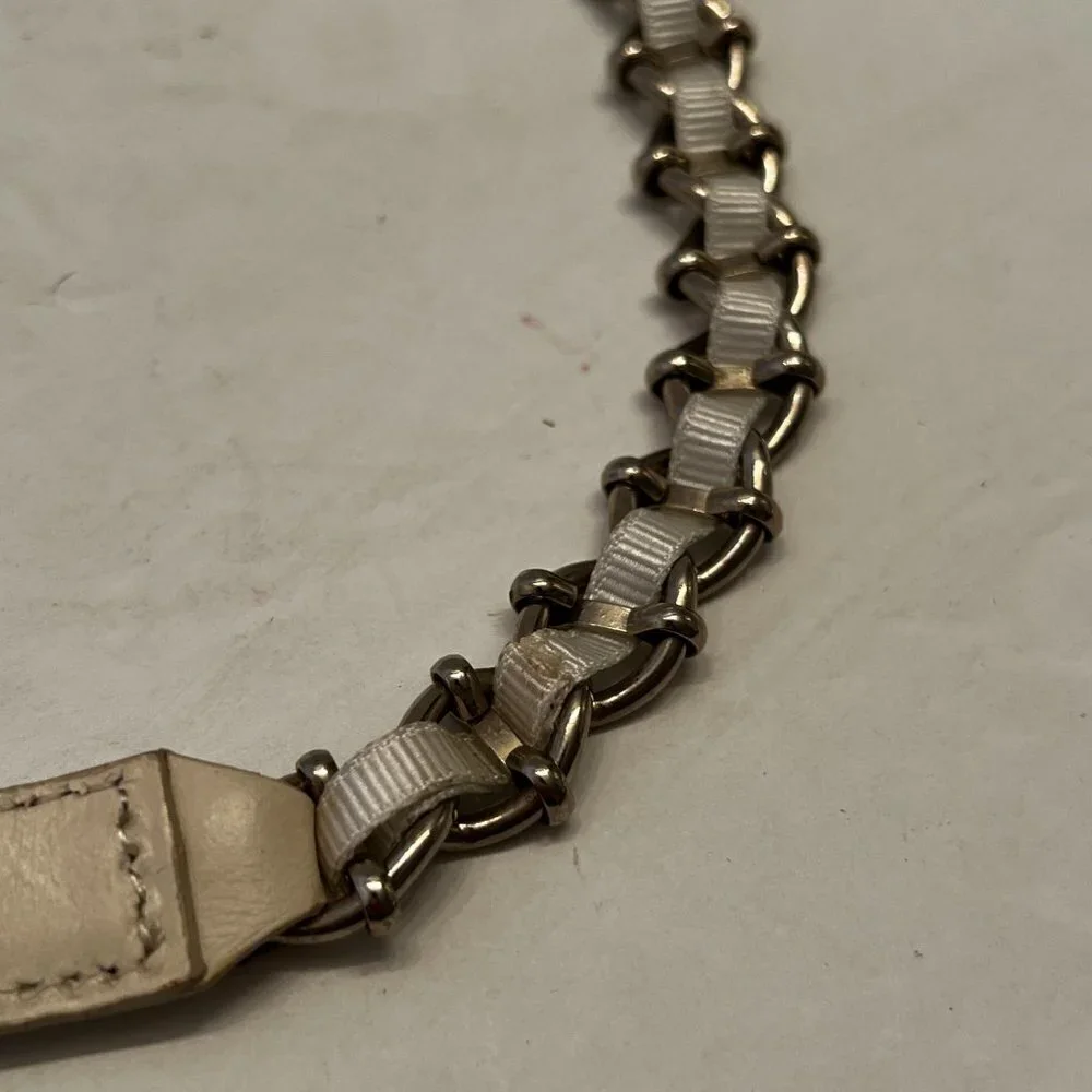 Vtg ANN TAYLOR 90s white leather Belt narrow Silver chain & Ribbon Belt Vtg‎
